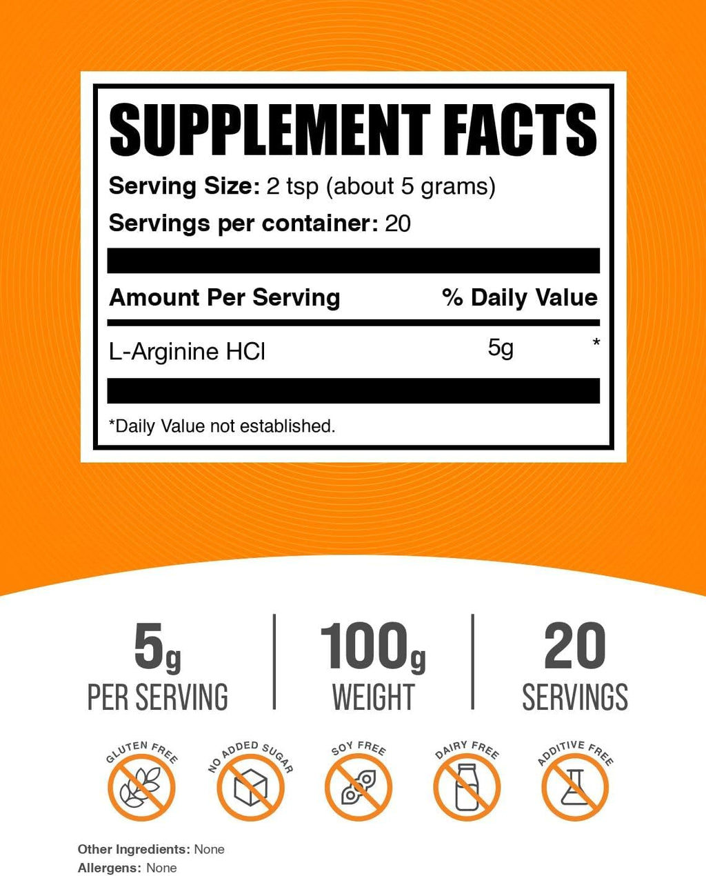 BulkSupplements.com L-Arginine HCl Powder - Nitric Oxide Supplement, Arginine Powder - Unflavored & Gluten Free, 5g per Serving, 100g (3.5 oz) (Pack of 1)