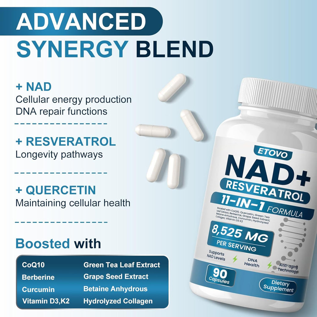 NAD+ Supplement, 8525mg Liposomal NAD Booster with Resveratrol NAD Plus with Coptisine Quercetin Curcumin Supports Cellular Health, Physical Strength and Healthy Aging 90 Capsules 2 Bottle