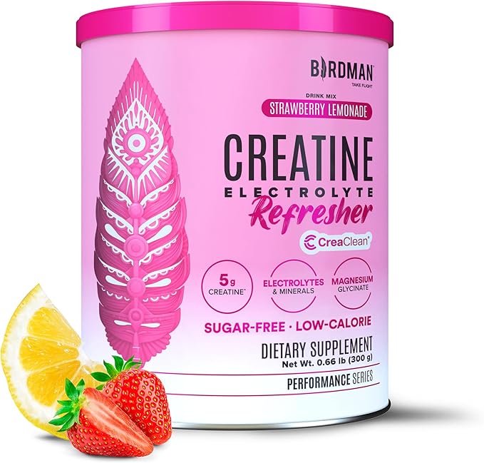BIRDMAN Creatine Refresher | Creatine Monohydrate Powder with Electrolytes, Magnesium Glycinate & Vitamins | Creaclean Seal | Sugar Free, Low Calorie | Strawberry Lemonade | 30 Servings