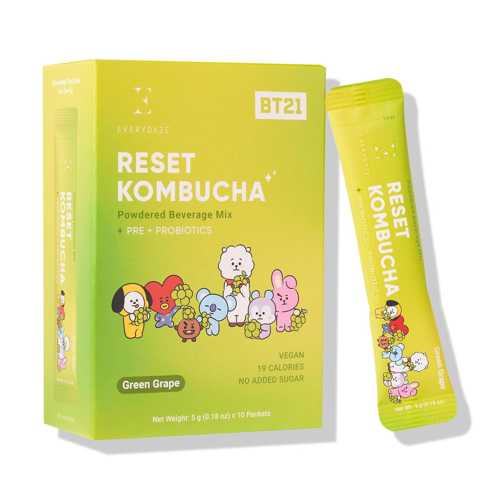 Everydaze BT21 Reset Kombucha Tea Powdered Beverage Mix | 10 Sticks | Prebiotics + Probiotics | Vegan | No Added Sugar, Gluten Free, Sparkling Powder Drink Pack (Green Grape)