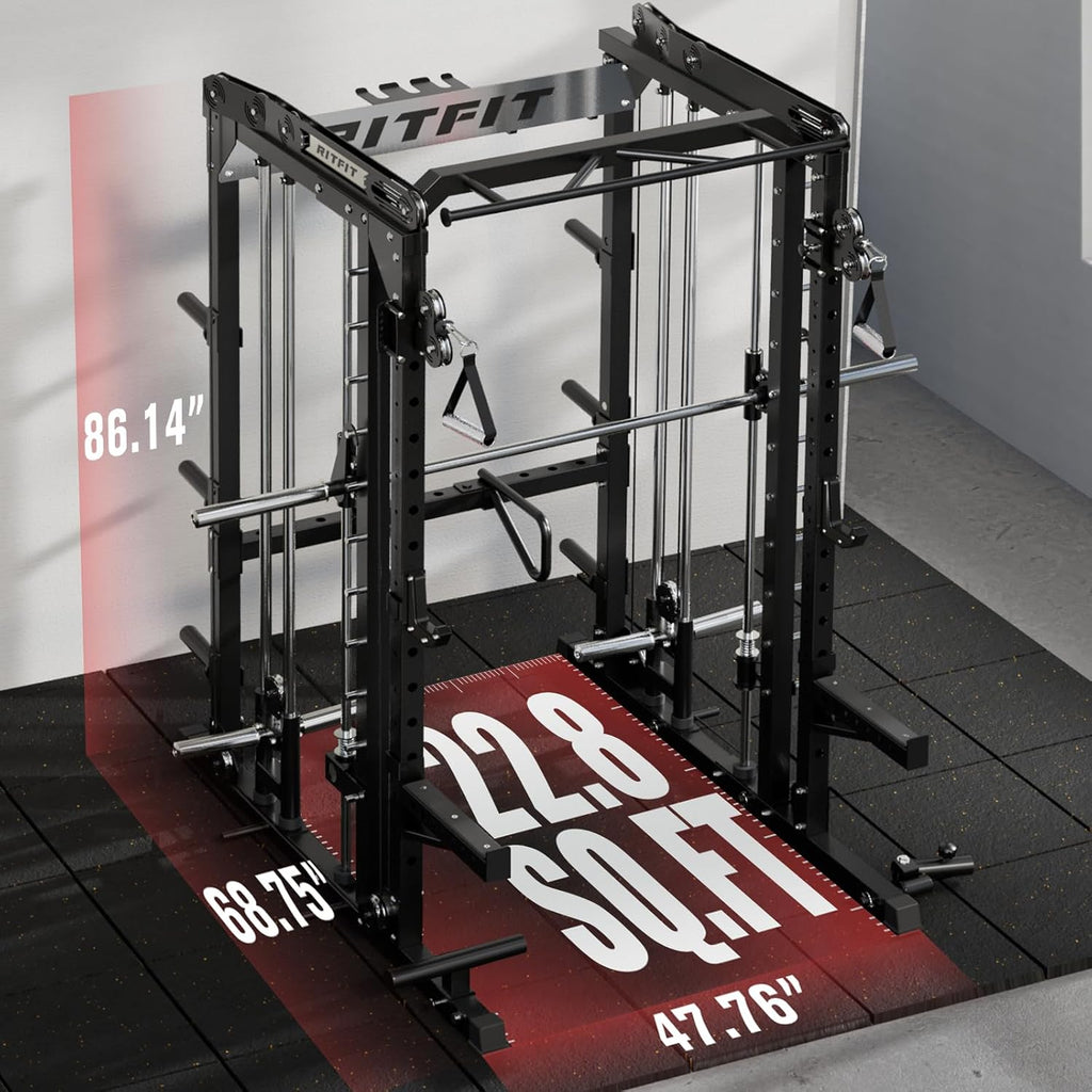RitFit M2 PRO-3D Smith Machine with Weight Stack, 3D Functional Trainer & Power Cage, 308.6lbs Stack, 16 Adjustment Holes, 6 Storage Pegs for Full-Body Home Gym