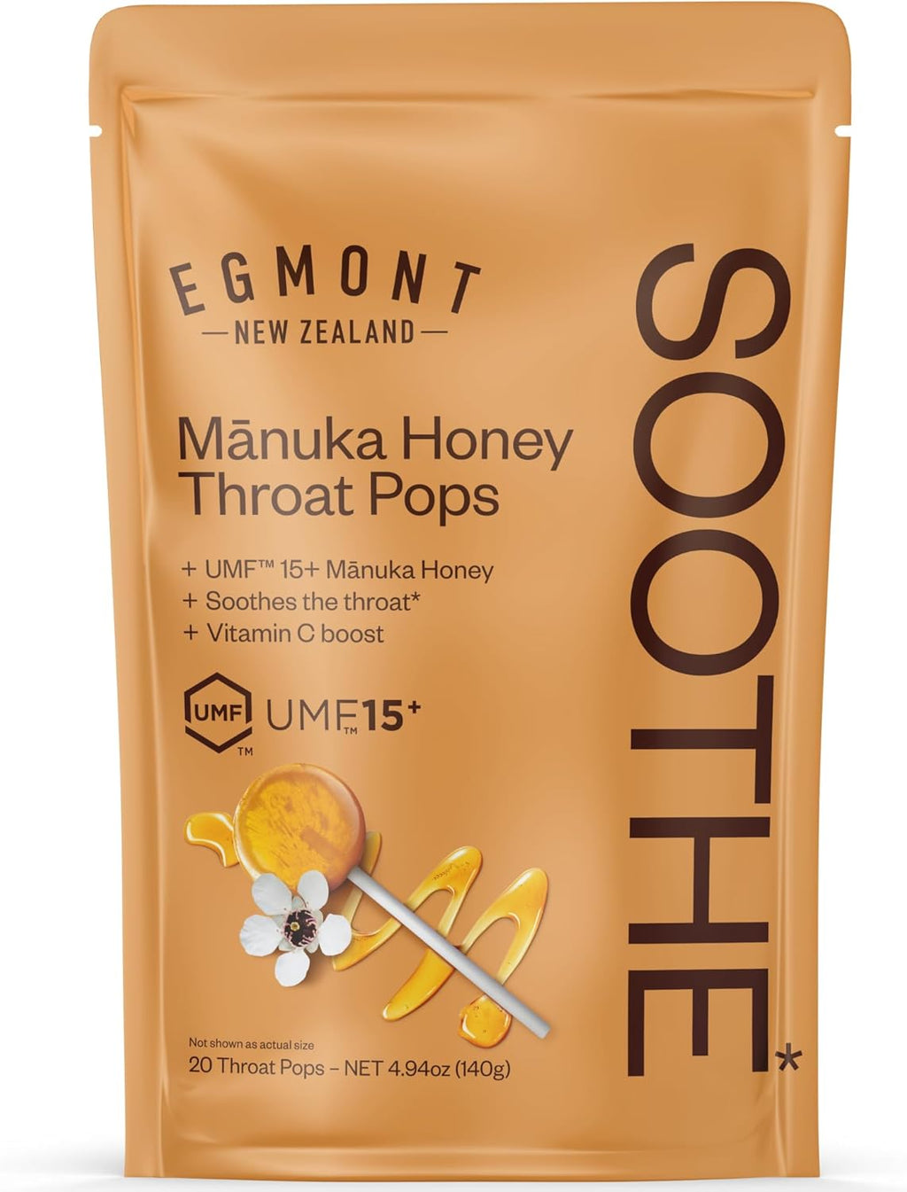Egmont Honey Manuka Honey Throat Pops 20 Count | UMF 15+ New Zealand Honey with Vitamin C | Natural Soothing Lollipops for Kids & Adults