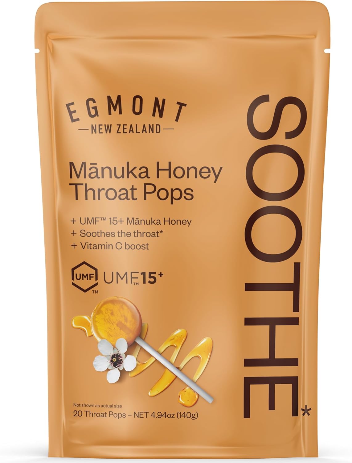 Egmont Honey Manuka Honey Throat Pops 20 Count | UMF 15+ New Zealand Honey with Vitamin C | Natural Soothing Lollipops for Kids & Adults