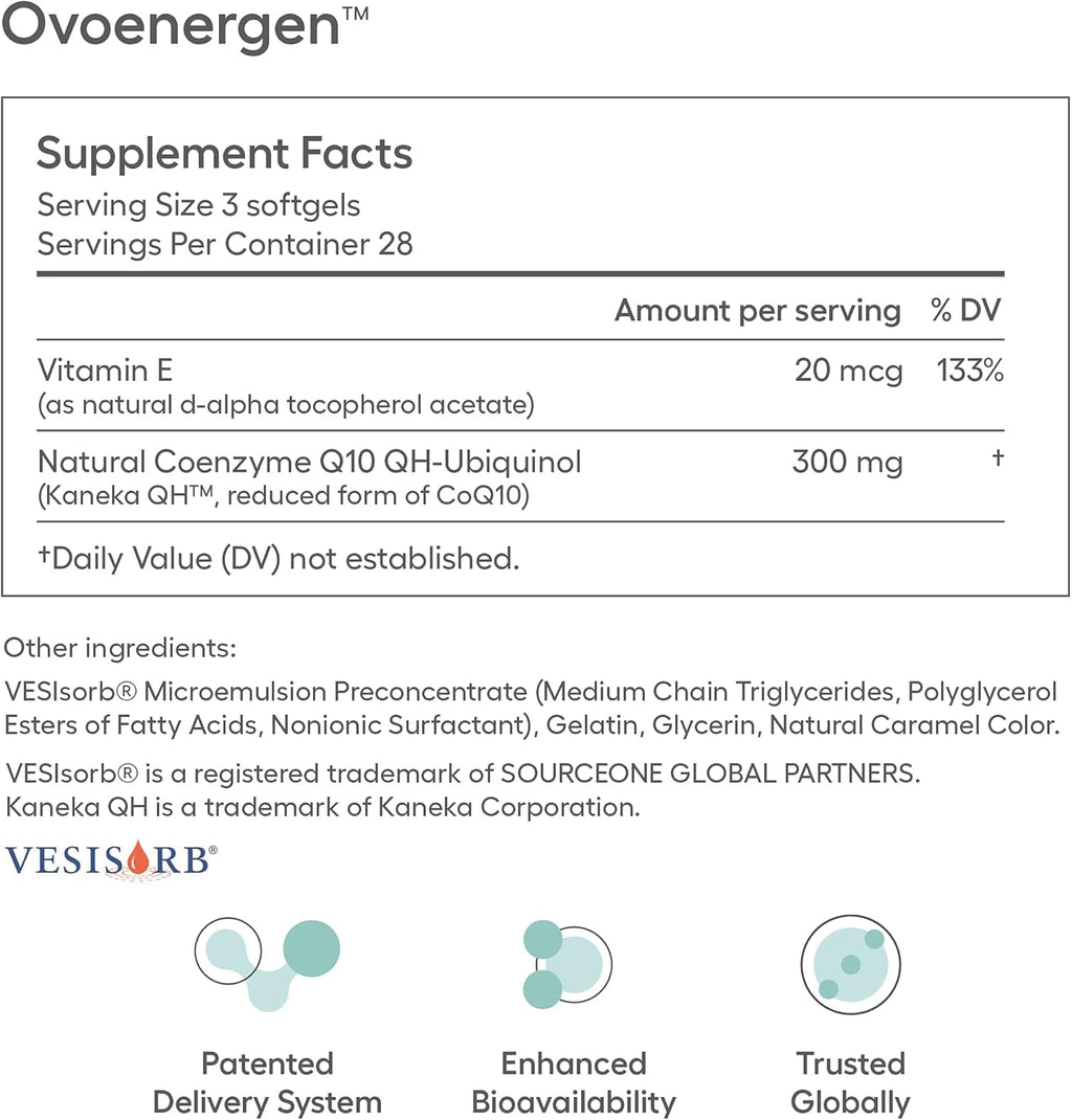 OvoEnergen Ubiquinol CoQ10 100mg Softgels, CoQ10 Supplement for Women to Support Reproductive Health and Egg Health, Fertility Booster with Kaneka QH, VESIsorb® Technology (84 Softgels, 28 Day Supply)