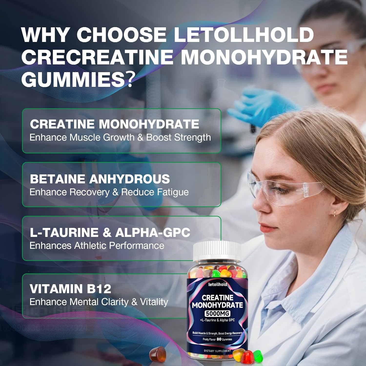 Creatine Monohydrate Gummies 5g for Women & Men - Creatine Gummies for Women Pre Workout Chewables with L-Taurine & Alpha GPC, Sugar-Free Muscle Builder, Vegan Non-GMO, Energy Boost(80 Count)