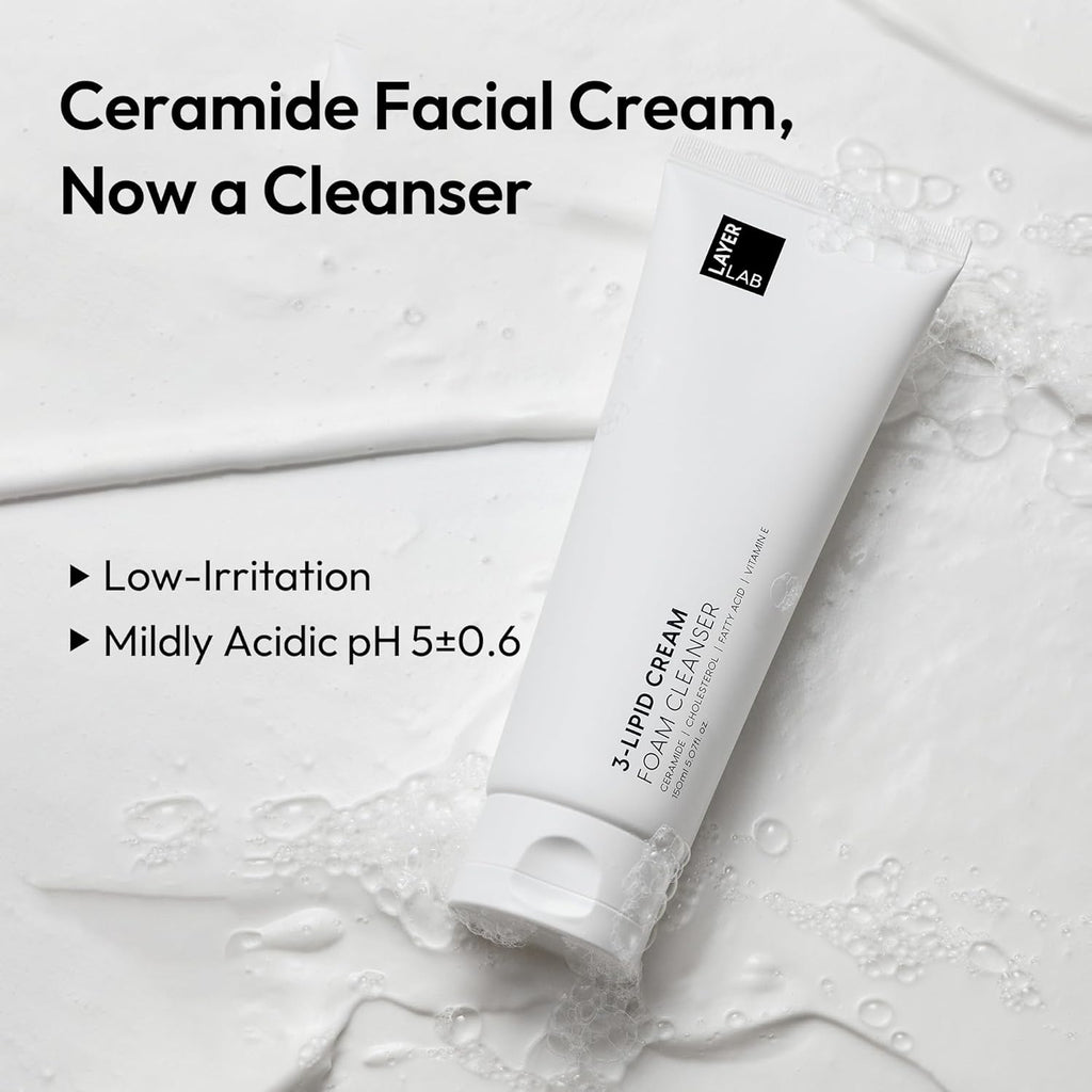 LAYERLAB Korean Face Wash with 5 Ceramides | Hydrating Low pH Cream Foam Cleanser for Sensitive Skin | Helps Support Moisture Barrier, Non-Drying, For All Skin Types 150ml 5.07 fl oz (White)