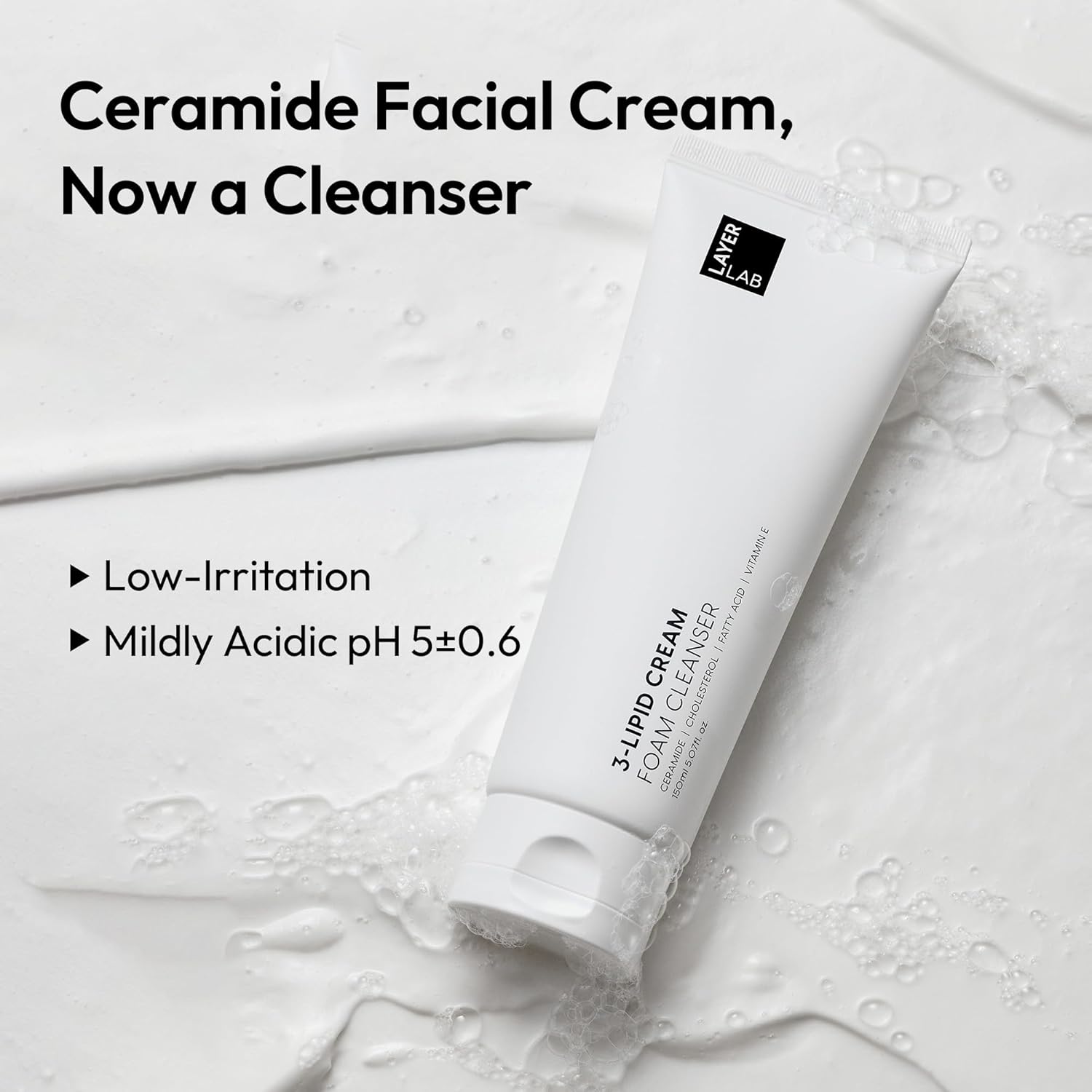 LAYERLAB Korean Face Wash with 5 Ceramides | Hydrating Low pH Cream Foam Cleanser for Sensitive Skin | Helps Support Moisture Barrier, Non-Drying, For All Skin Types 150ml 5.07 fl oz (White)