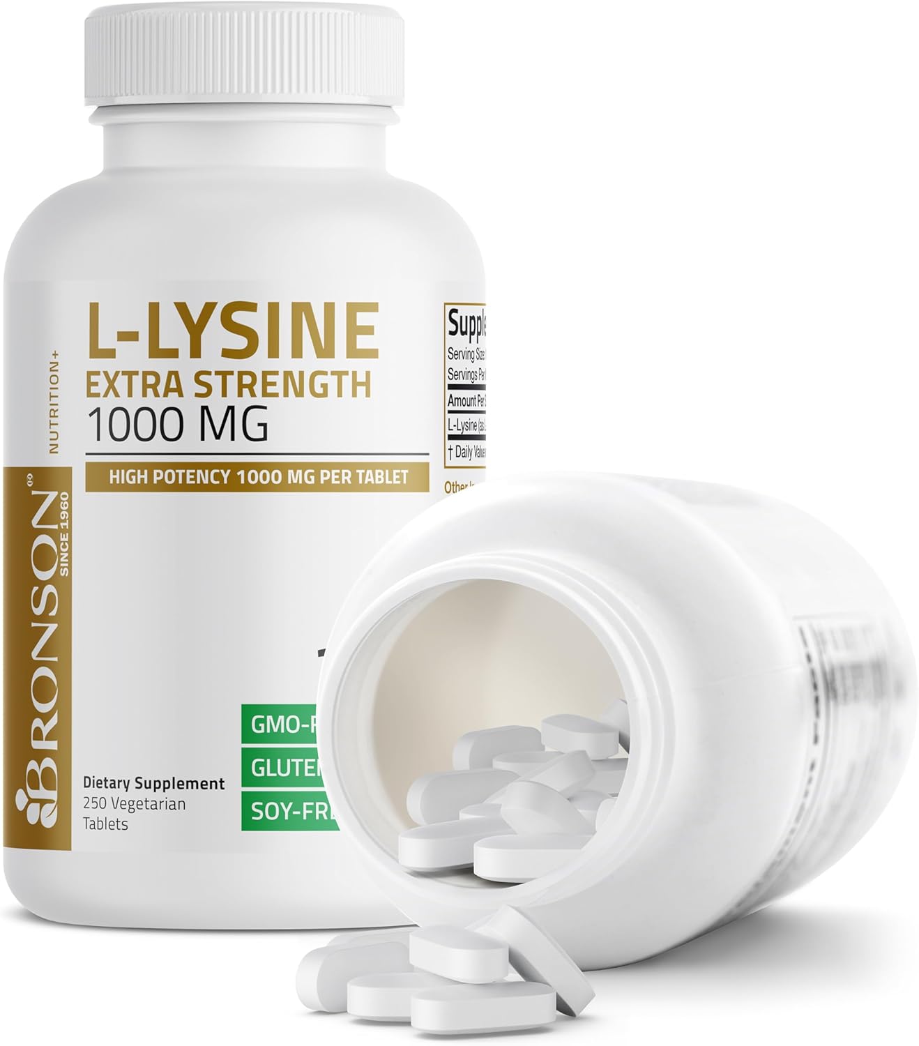 Bronson L-Lysine Extra Strength 1000 MG per Tablet High Potency, Immune Support & Supports Collagen Synthesis, Non-GMO, 250 Vegetarian Tablets