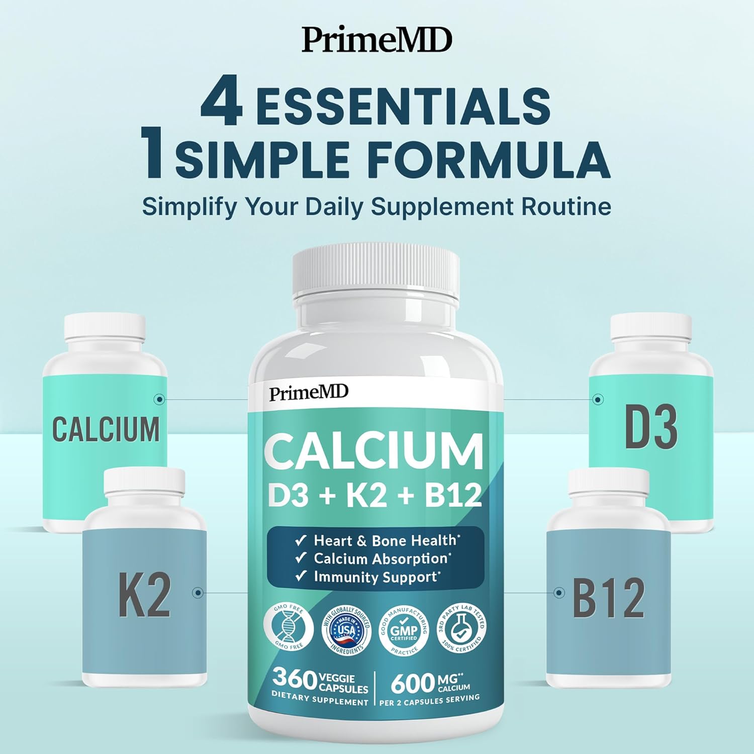 4-in-1 Calcium Supplements for Women and Men - Calcium with Vitamin D3 K2 5000 IU Supplement, 601mg per Serving - Gluten-Free, Vegan-Friendly (360 ct)