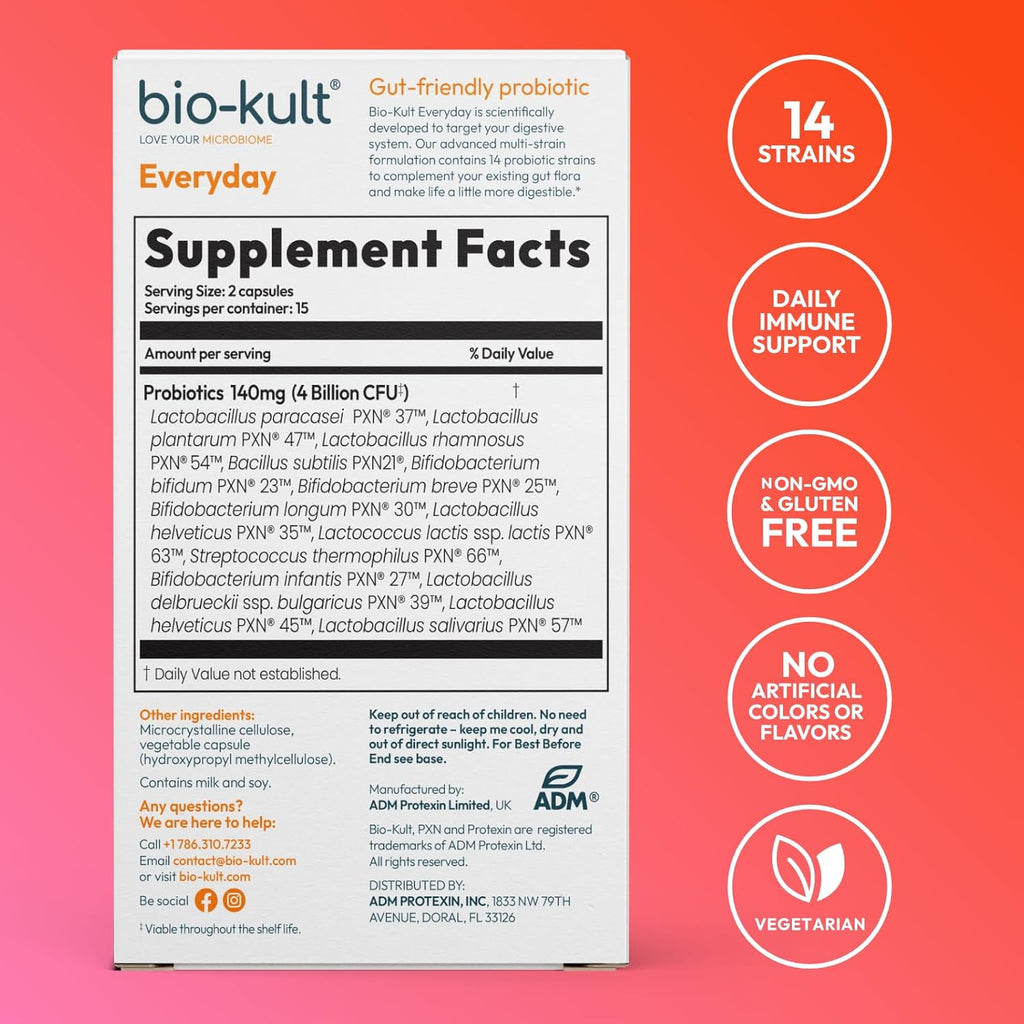 Bio-Kult Gut Health Probiotic Supplement, 14 Strains, Probiotics for Women & Men, Immune Support, Digestive Health, Shelf-Stable, Non-GMO and Gluten-Free, Capsules, 30 Count (Pack of 1)