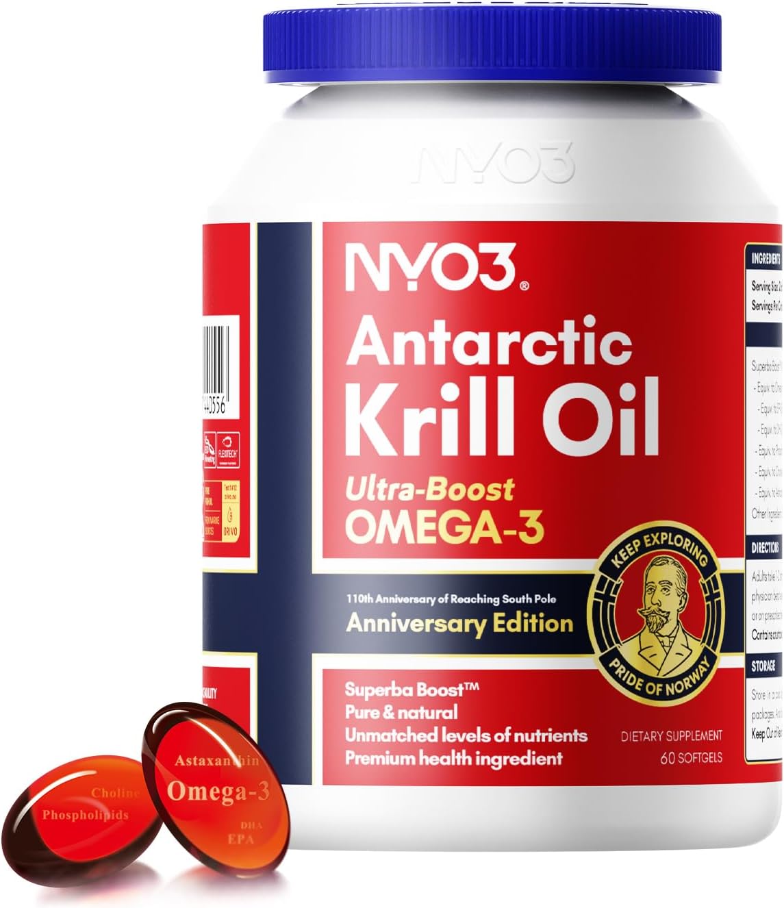Krill Oil Omega 3 Supplement 1000mg 60 Softgels EPA & DHA, Pure Antarctic Krill Oil with Astaxanthin and 56% Phospholipids Third Party Tested