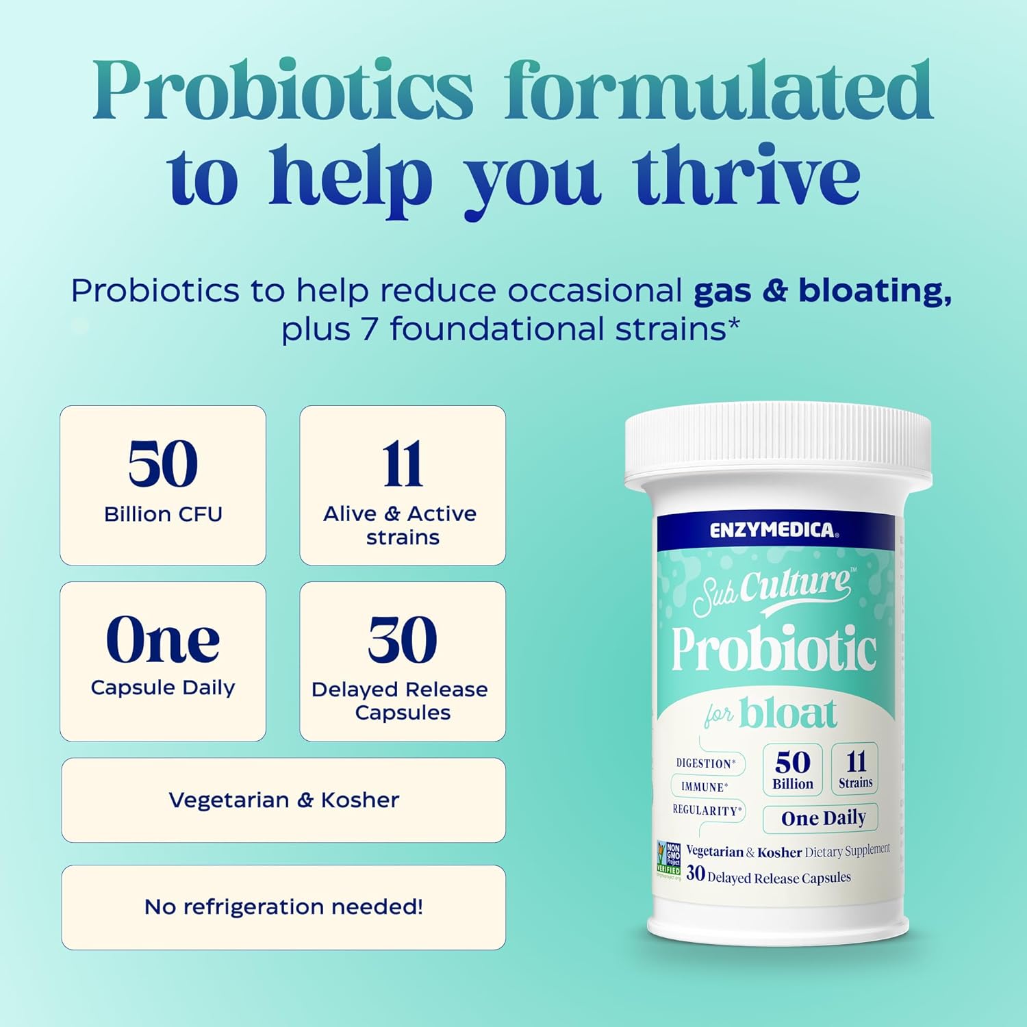 Enzymedica SubCulture Probiotics for Gas & Bloating, 50 Billion CFU, Supports Immune & Digestive Health, Regularity & Gut Flora, 30 Count