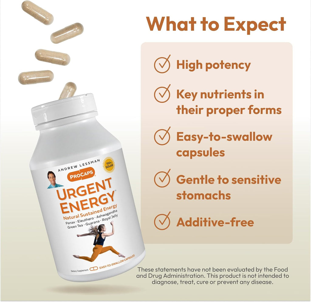 ANDREW LESSMAN Urgent Energy 30 Capsules - Provides a Safe, Healthy Means of Enhancing Energy Levels and Feelings of Well-Being, Green Tea, Guarana, Ginseng, Royal Jelly, Ashwagandha, B-Complex