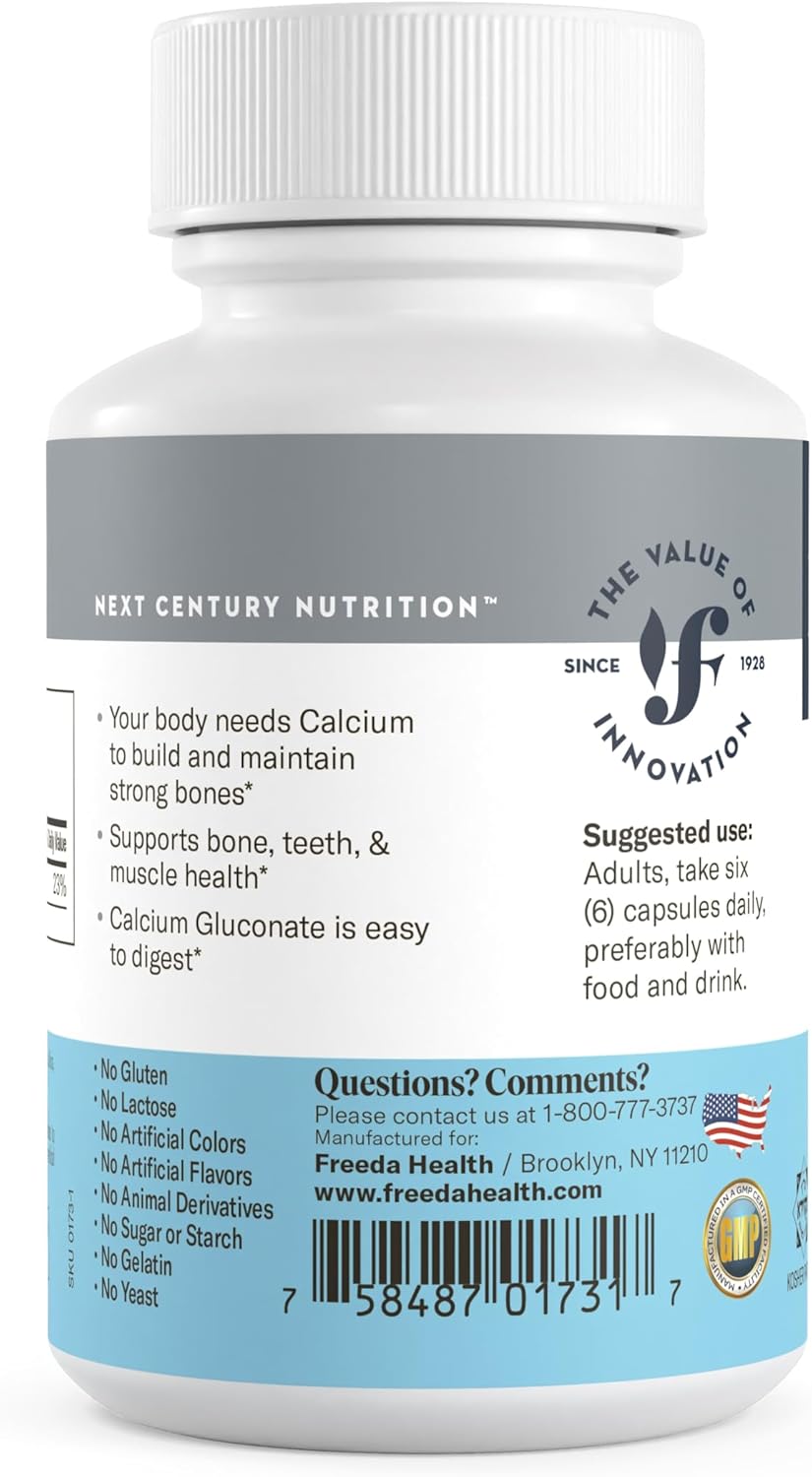Freeda Calcium Gluconate – Kosher Vegan Calcium Supplement – Easy to Digest & Absorb – Supports Bone Strength – Pure Calcium Without Vitamin D – (100 Capsules)