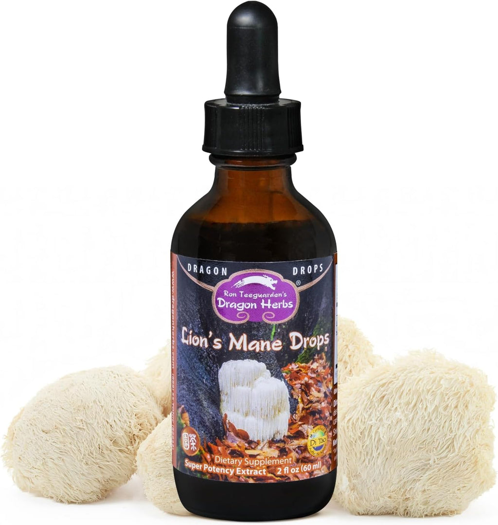 Dragon Herbs Lion's Mane Drops • Mushroom Supplement • Supports The Brain & Nervous System • Adaptogen for Mood Health • Triple Extraction, Fast Acting, Super Potency • Vegan, 2 fl oz 60ml • Tincture