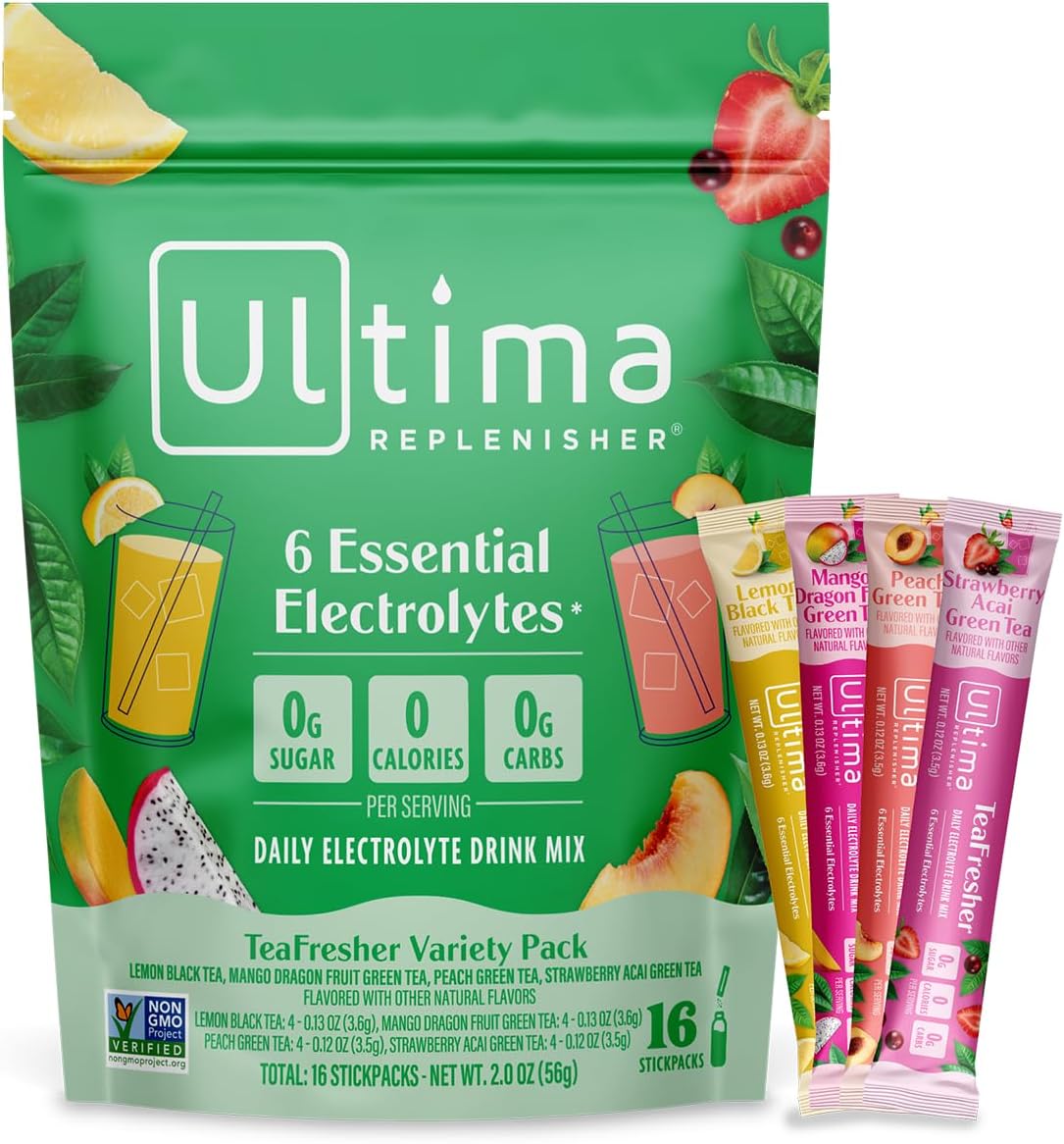 Ultima Replenisher TeaFresher Daily Electrolytes Powder and Instant Tea Mix – Sugar Free – Variety Pack, 16 Stickpacks - Hydration Packets with 4 Fruit and Tea Fusions, 6 Key Electrolytes