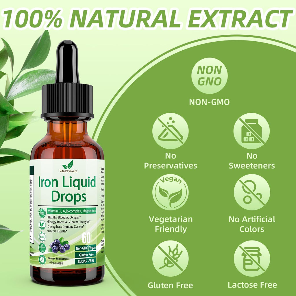 Liquid Iron Supplement for Women Men & Kids, Vegan Iron Drops with Vitamin C D, B12, B-Complex, High Potency Liquid with Multivitamin for Anemia, Energy Support, Blood, Magnesium Gentle