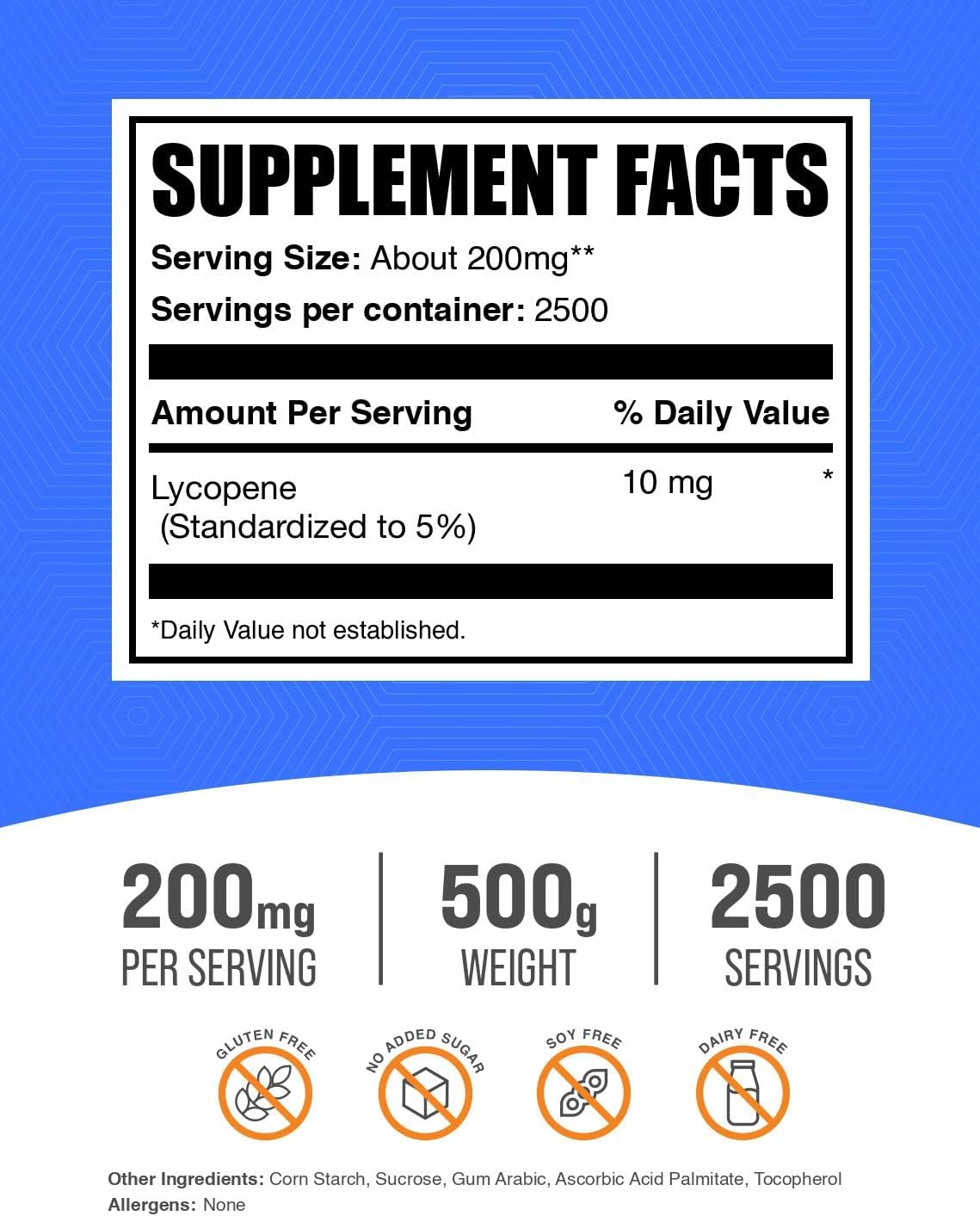 BulkSupplements.com Lycopene Powder - Lycopene Supplement, Lycopene 10mg - Antioxidants Supplement, Gluten Free, 200mg per Serving, 500g (1.1 lbs) (Pack of 1)