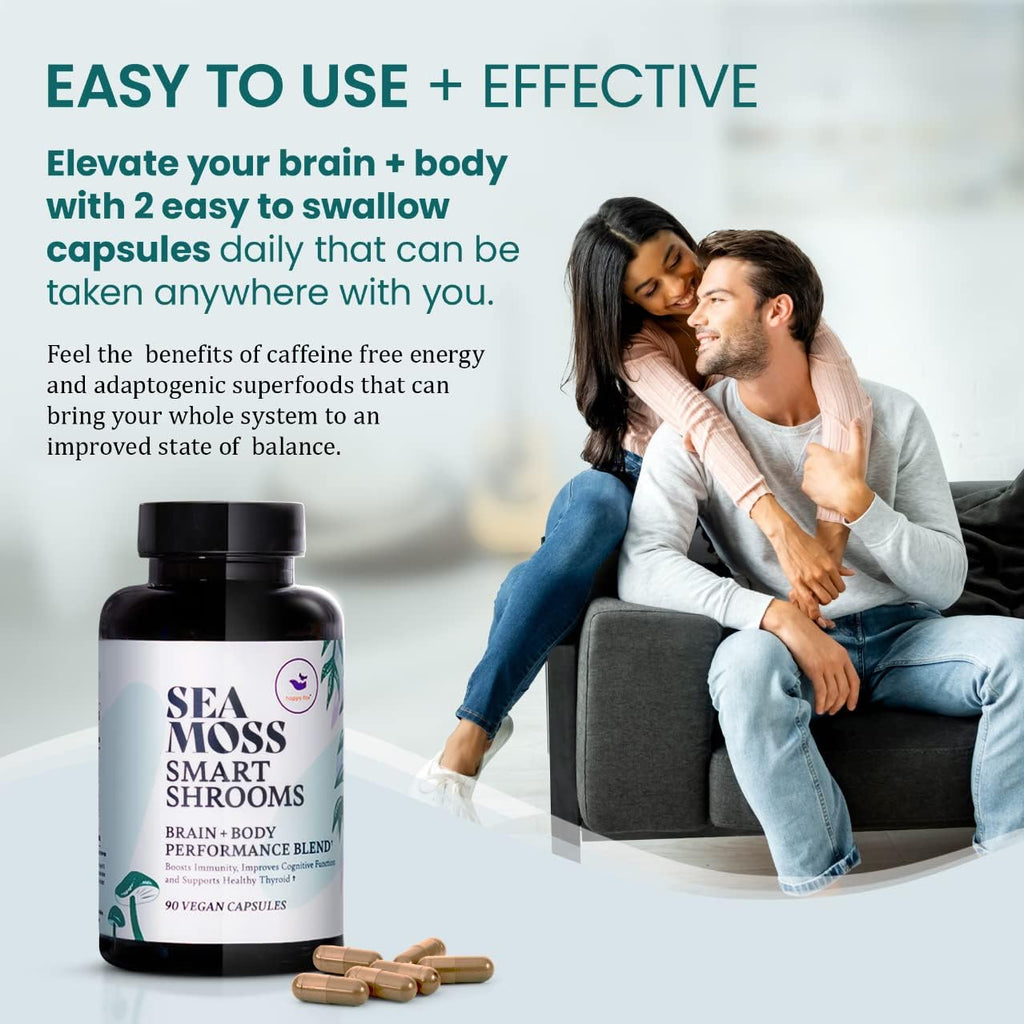 HAPPY FOX Irish Sea Moss Capsules & Mushroom Complex - Organic Seamoss with Adaptogens for Brain Health, 1500mg, 90 Vegan Capsules, Organic Mushroom Supplement