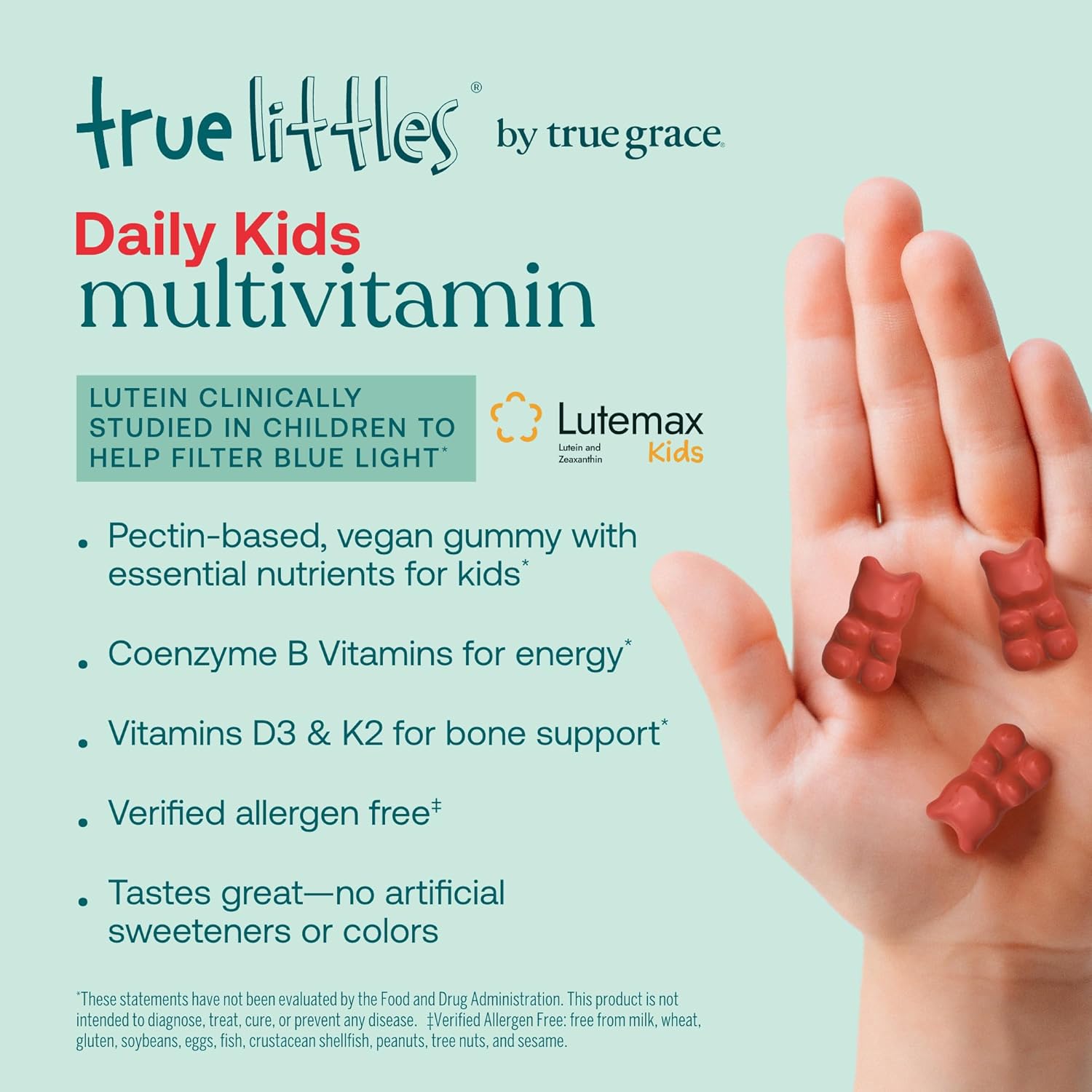 True Grace True Littles Daily Kids Multi - 120 Pectin Gummies - Immune, Cognitive, Bone & Eye Support - Clinically Studied Lutemax Kids Lutein & Vitamin D3 + K2 - Allergen Free & Vegan - 120 Servings