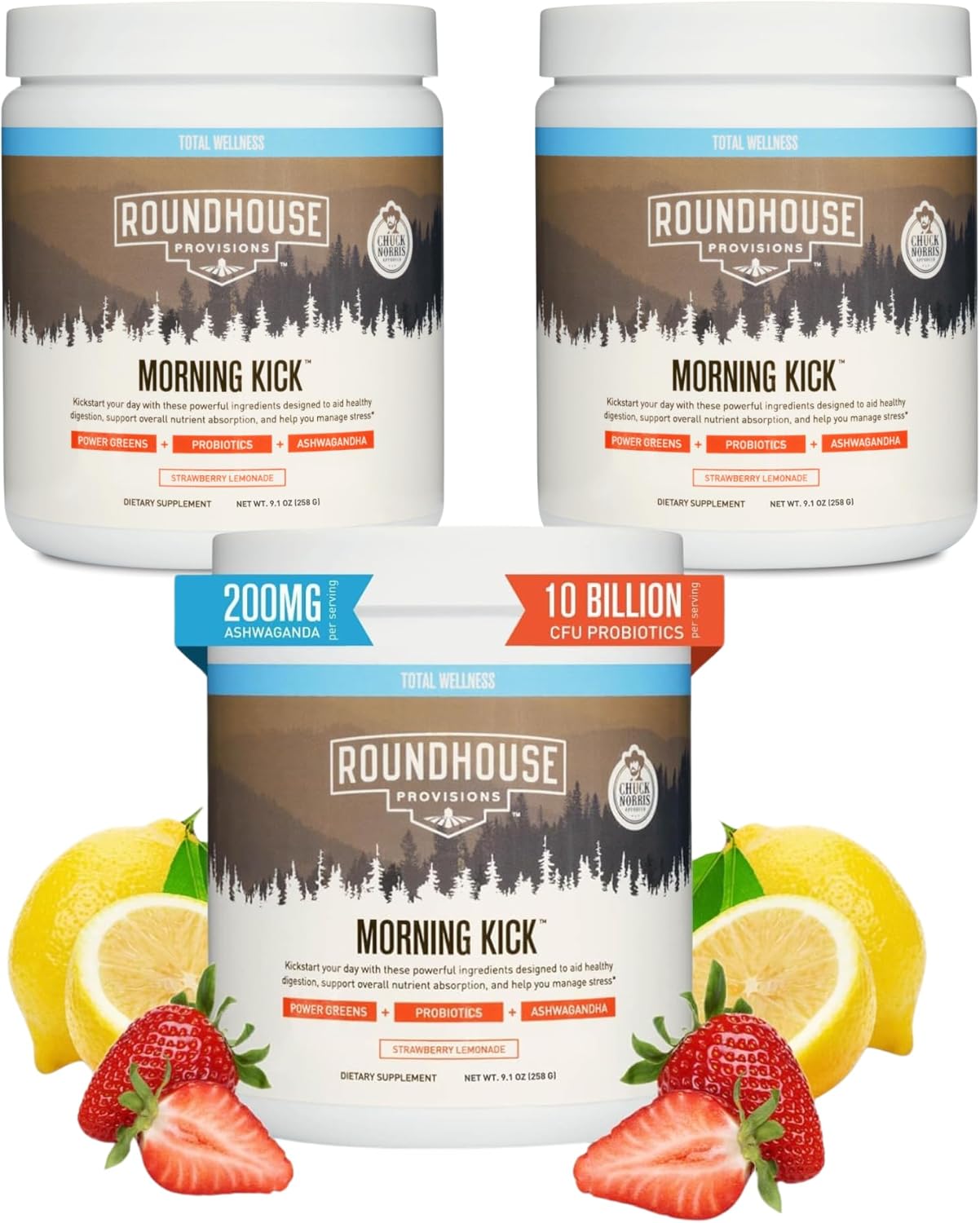 ROUNDHOUSE PROVISION Morning Kick, Zero Sugar Greens Superfood Powder Supplement with Ashwagandha, Collagen, Probiotics, Debloat Drink, (3 Pack, Strawberry Lemonade) by Chuck Norris