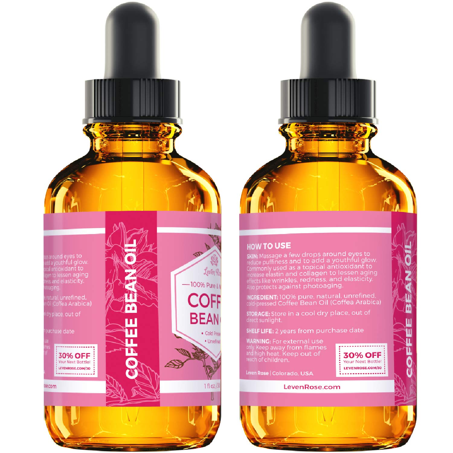 Leven Rose Coffee Bean Oil 1 oz - 100% Natural Cold Pressed Oil for Skin and Hair