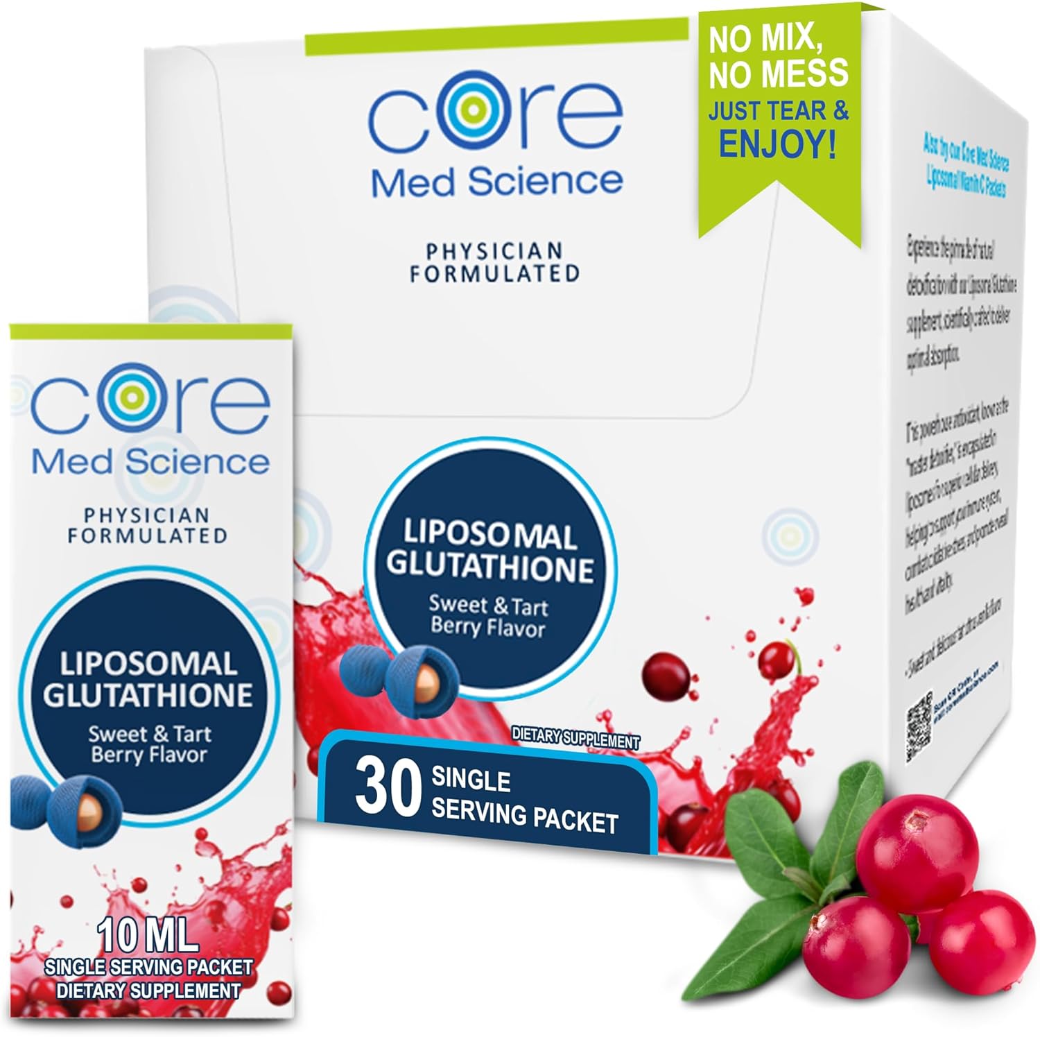 Core Med Science Liposomal Glutathione Supplement, Sweet & Tart Berry - Glutathione Drink Mix for Detox Support - Antioxidant Supplement for Energy, Brain Health, Skin & Liver Health - 30 Pack