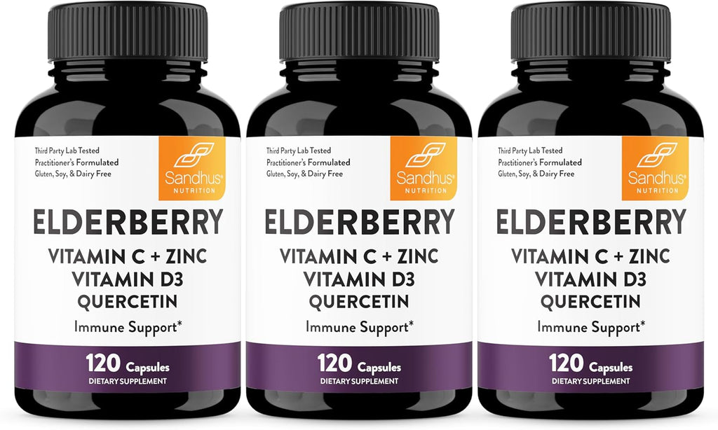 Sandhu's Elderberry Vitamin C Vitamin D3 with Zinc & Quercetin | Capsules for Men & Women | Supports Immune Health | 120 Count (Pack of 3)