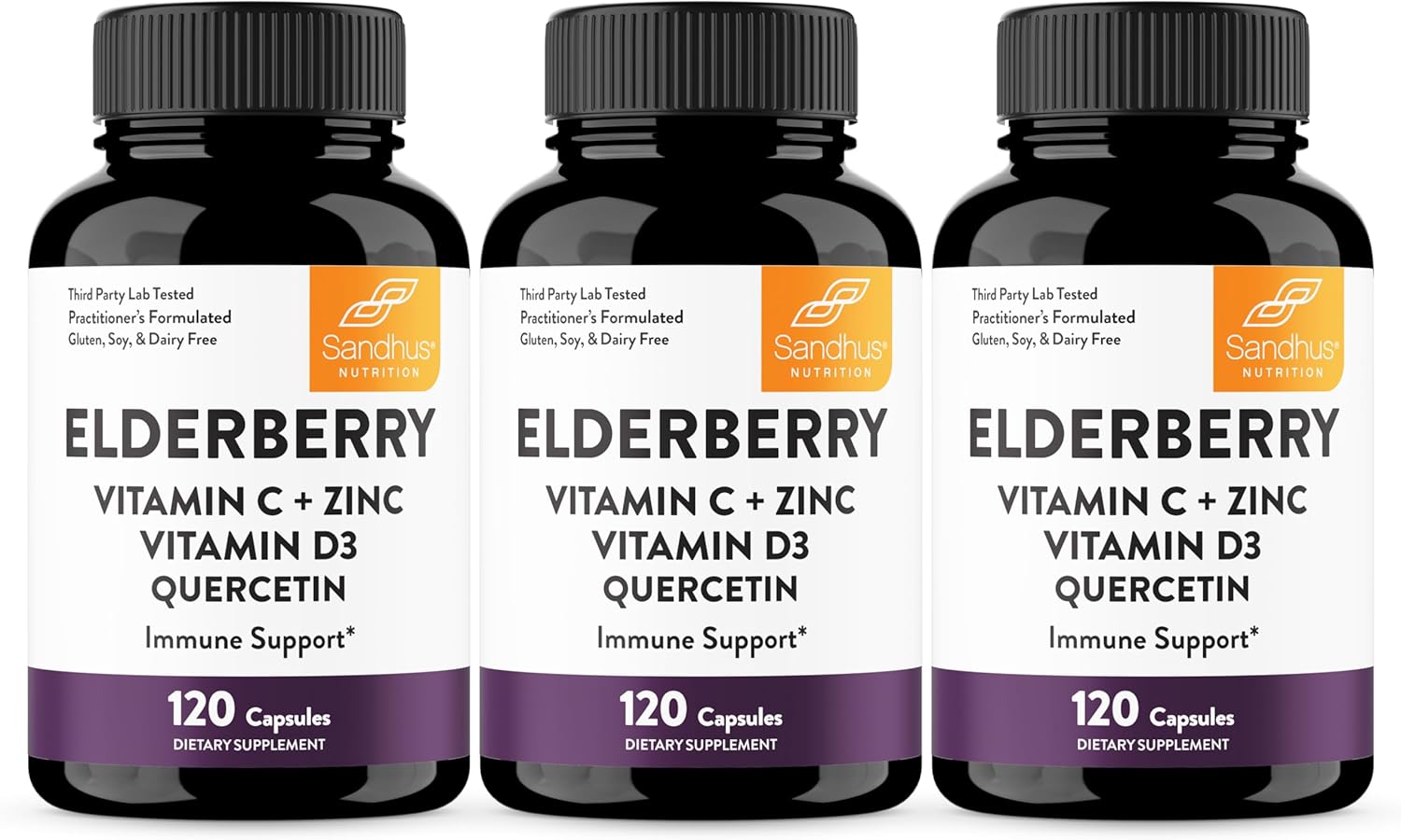 Sandhu's Elderberry Vitamin C Vitamin D3 with Zinc & Quercetin | Capsules for Men & Women | Supports Immune Health | 120 Count (Pack of 3)