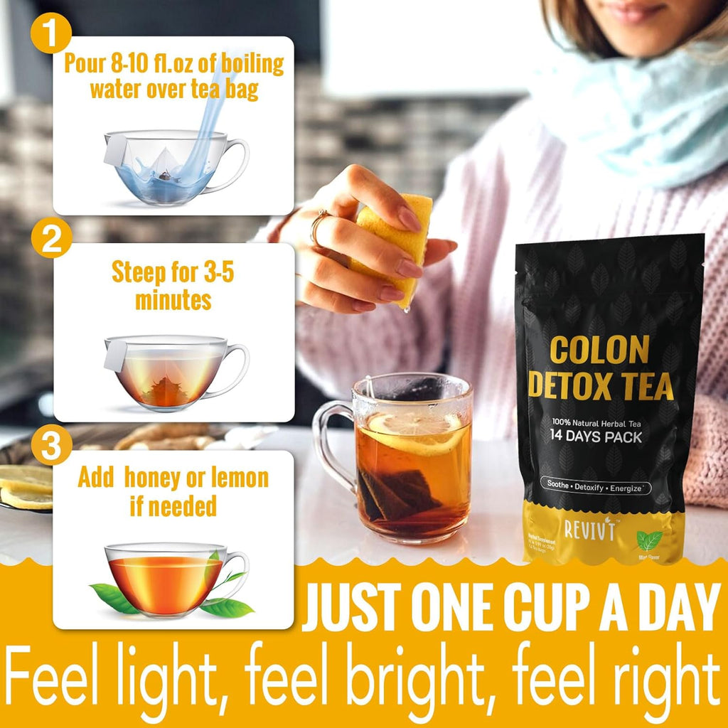 REVIVT Colon Detox Tea, All Natural Colon Cleanse Tea with Senna, Dandelion, Peppermint, Support Gut and Digestive Health for Women and Men, Non GMO, 14 Day Supply