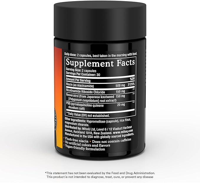 MitoQ NAD+ Dual Action Supplement | Niacin (Niacinamide), Nicotinamide Riboside (NR), Resveratrol & PQQ | Supports Cellular Energy | 60 Capsules