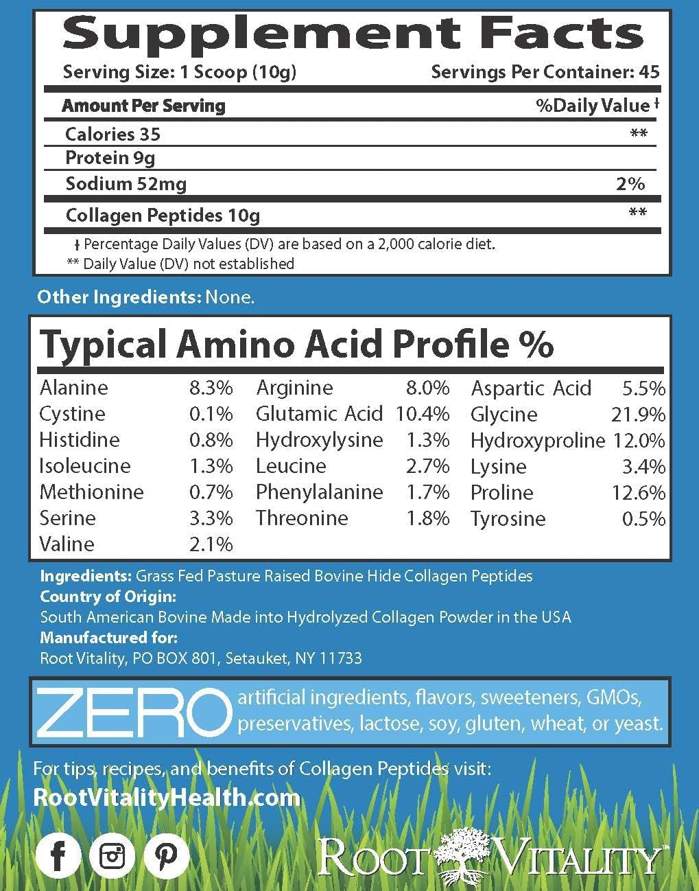 Root Vitality Collagen Peptides Powder - Grass-Fed, Pasture-Raised Hydrolyzed Protein Supplement for Skin, Hair, & Nails - Non-GMO, Zero Sugar Daily Supplement for Men & Women (22 Servings)