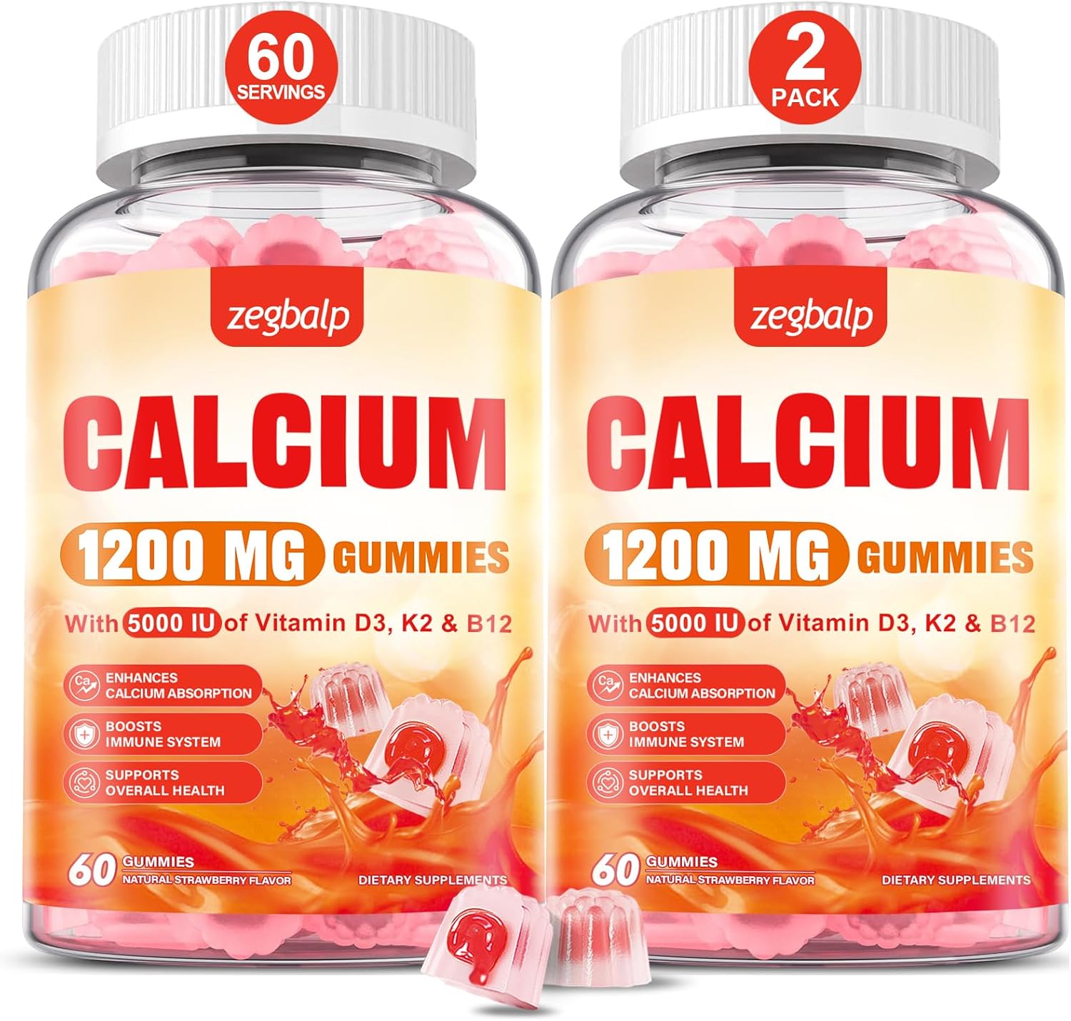 Calcium 1200 mg with Vitamin D3 Supplement for Adults - Calcium Gummies with Vitamin D3 5000IU, K2, B12 for Women Men - Extra Absorption Calcium Citrate - Natural Strawberry Flavor, 120 Gummies