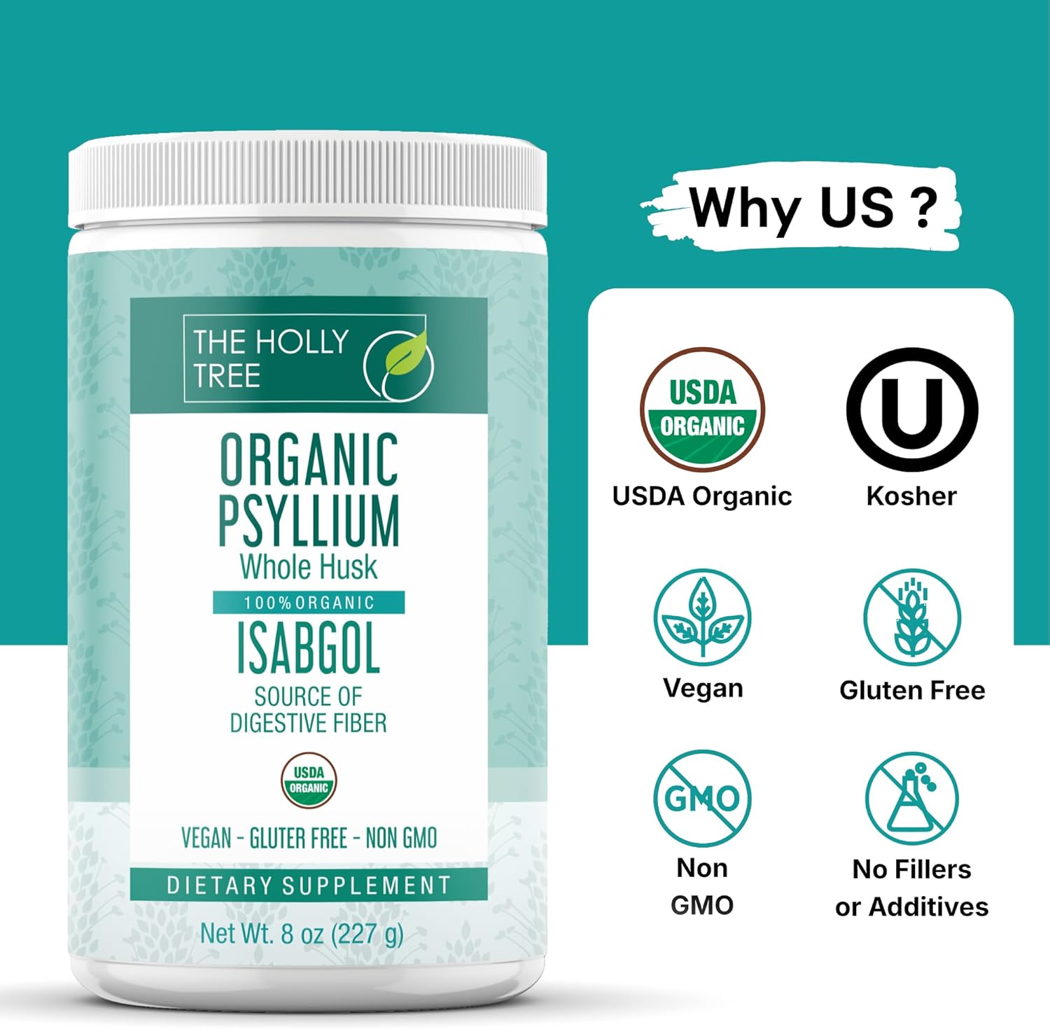 Psyllium Husk Powder Organic 8 oz - Isabgol - Whole Psyllium Husk Fiber Supplement for Digestive Health & Regularity - Gluten-Free, USDA Organic, Kosher