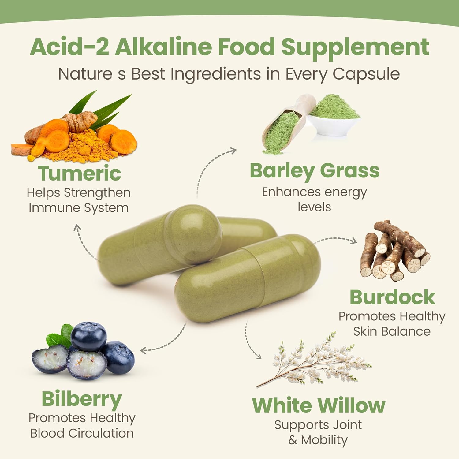 Nature’s Brands Acid-2-Alkaline Supplements for Energy, Digestion & Immunity - pH Balance & Detox Support with Turmeric, Bilberry, Barley Grass & Burdock - 90 Vegetarian Capsules