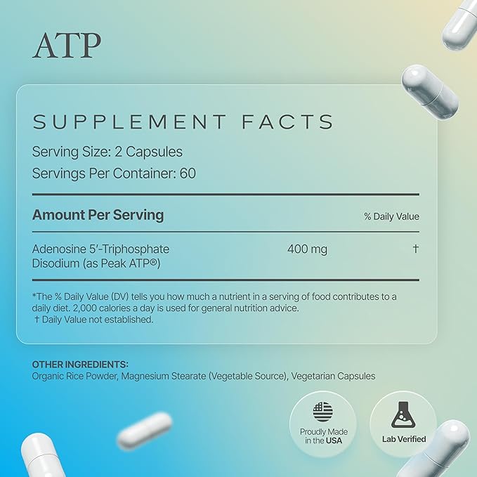 ATP Capsules - 120 Capsules - Adenosine Triphosphate Disodium - 400mg per Serving - Boost Energy Endurance Stamina