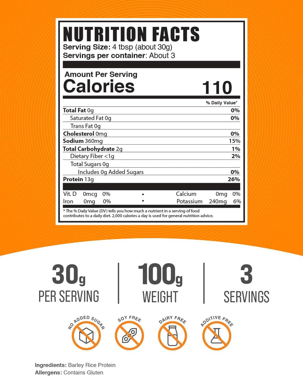 BulkSupplements.com Barley Rice Protein Powder - Vegan Protein Powder, Sports Nutrition - Unflavored & Dairy Free, 30g per Serving, 100g (3.5 oz) (Pack of 1)