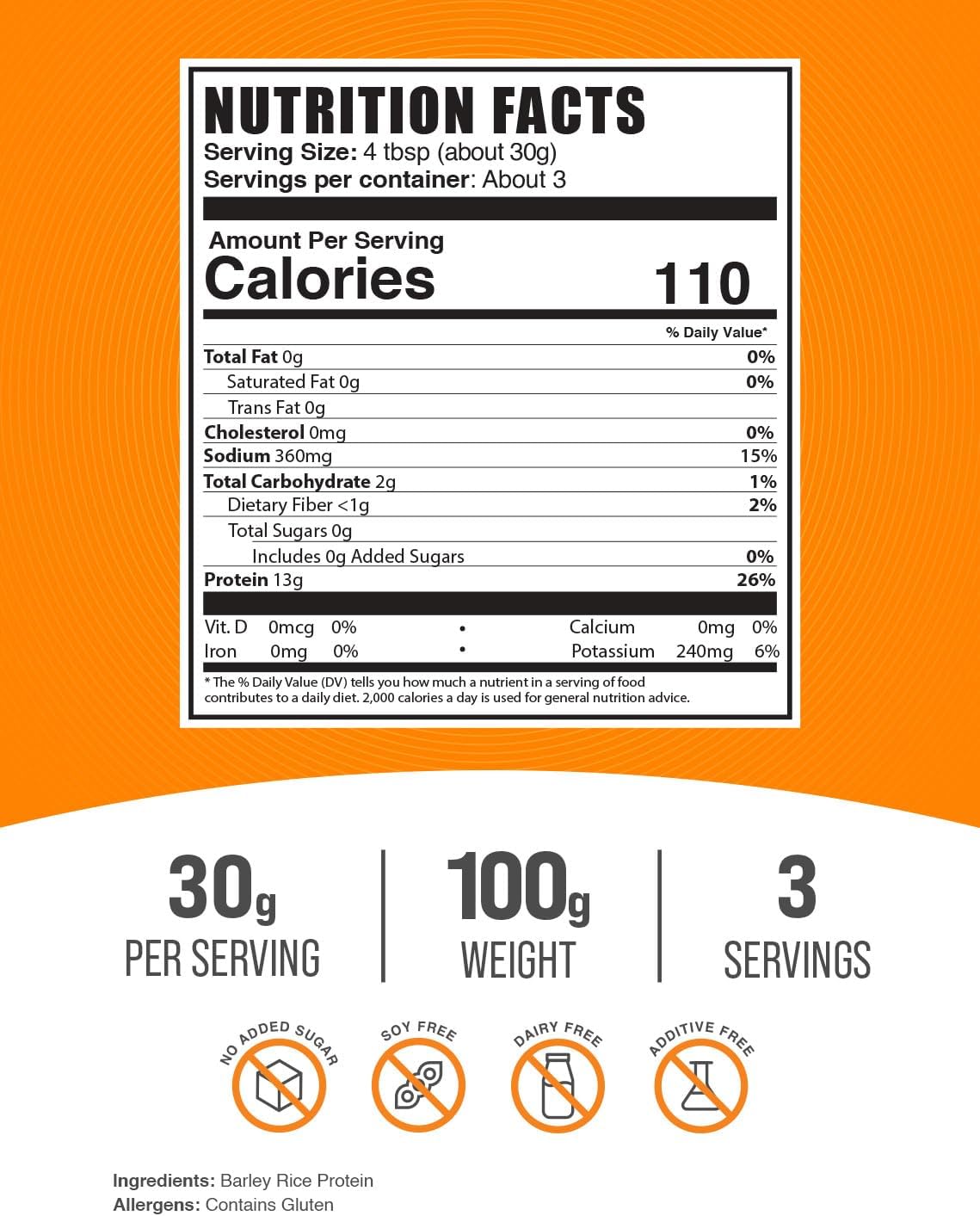 BulkSupplements.com Barley Rice Protein Powder - Vegan Protein Powder, Sports Nutrition - Unflavored & Dairy Free, 30g per Serving, 100g (3.5 oz) (Pack of 1)