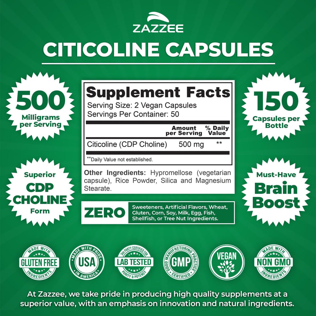 Zazzee Extra Strength Citicoline, 500 mg per Serving, 100 Vegan Capsules, Superior CDP Choline Form, 100% Vegetarian and Pharmaceutical Grade, 50-Day Supply, All-Natural and Non-GMO