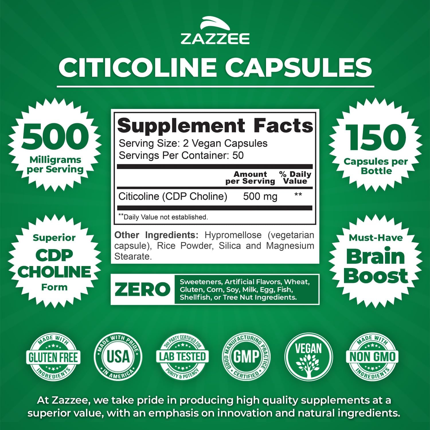 Zazzee Extra Strength Citicoline, 500 mg per Serving, 100 Vegan Capsules, Superior CDP Choline Form, 100% Vegetarian and Pharmaceutical Grade, 50-Day Supply, All-Natural and Non-GMO