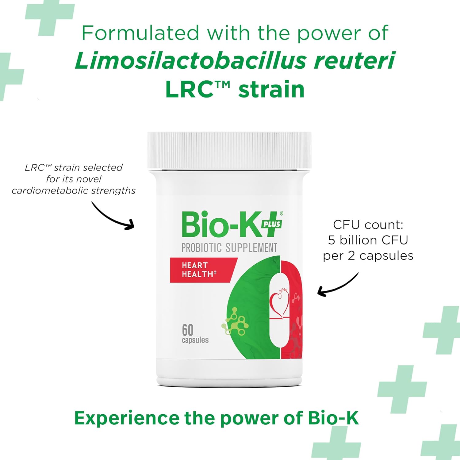 Bio K+ Heart Health Probiotic Capsules – Probiotics for Men and Women – Cholesterol and Heart Health* Support Supplement – Vegan, Shelf-Stable, Non-GMO – 60 Capsules