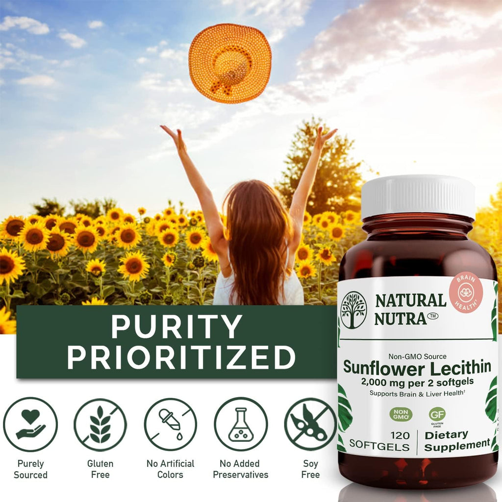 Natural Nutra Sunflower Lecithin 2000 mg Supplement, Supports Breastfeeding Moms with Plugged Milk Duct Relief, Liver & Brain Health Booster, Soy Free, Non-GMO, Gluten-Free, 120 Softgels (2 Pack)