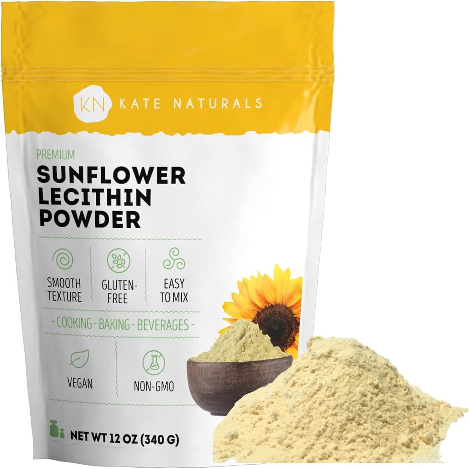 Kate Naturals Sunflower Lecithin Powder for Baking Bread, Gummies, Cooking. Substitute for Soy Lecithin Powder (12 oz, Non-GMO)