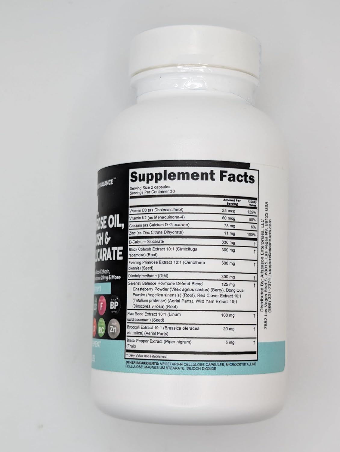 Clean Nutraceuticals DIM Evening Primrose Black Cohosh Calcium D-Glucarate Sulforaphane Flax Seed Extract - Hormonal Support Vitamins for Women with Dong Quai - 60 Caps