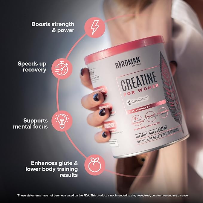 BIRDMAN Creatine for Women | Creatine Monohydrate Powder with Myo & D-Chiro Inositol, Hyaluronic Acid, Zinc, Electrolytes and Vitamins | Sugar Free, Pink Lemonade | 30 Servings