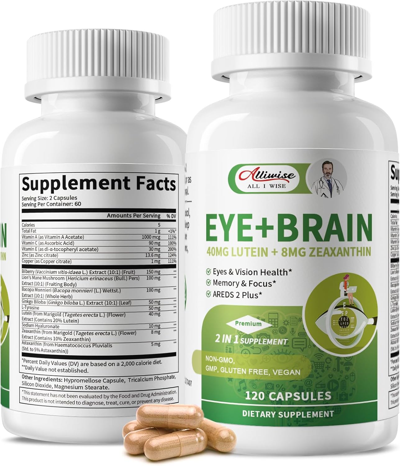 Lutein Eye Vitamins 14 in 1 Supplement Eye Vitamins for Ocular Health, Dry Eye Support, Memory & Focus Supplement, Contains Lutein, Zeaxanthin, Zinc, Vitamins A/C/E, 120 Capsules