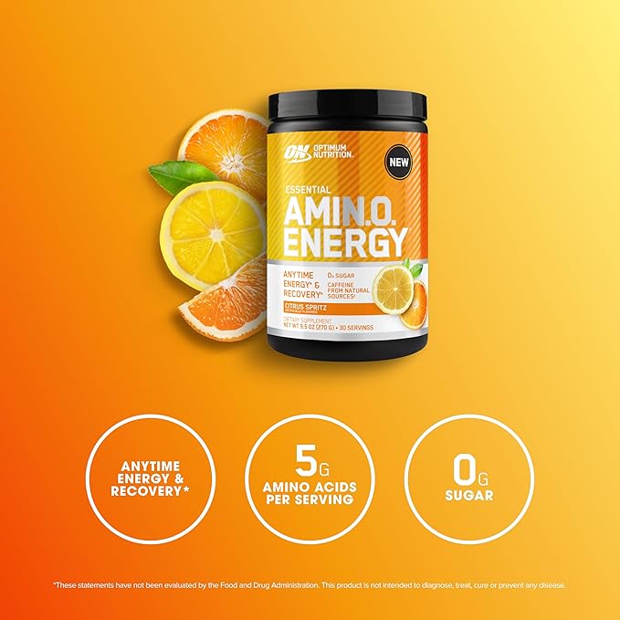 Optimum Nutrition Amino Energy Powder – Energy & Focus Pre Workout with Amino Acids, BCAA, Green Tea Caffeine & Coffee, Muscle Recovery Support – Citrus Sprtiz, 30 Servings (Packaging May Vary)