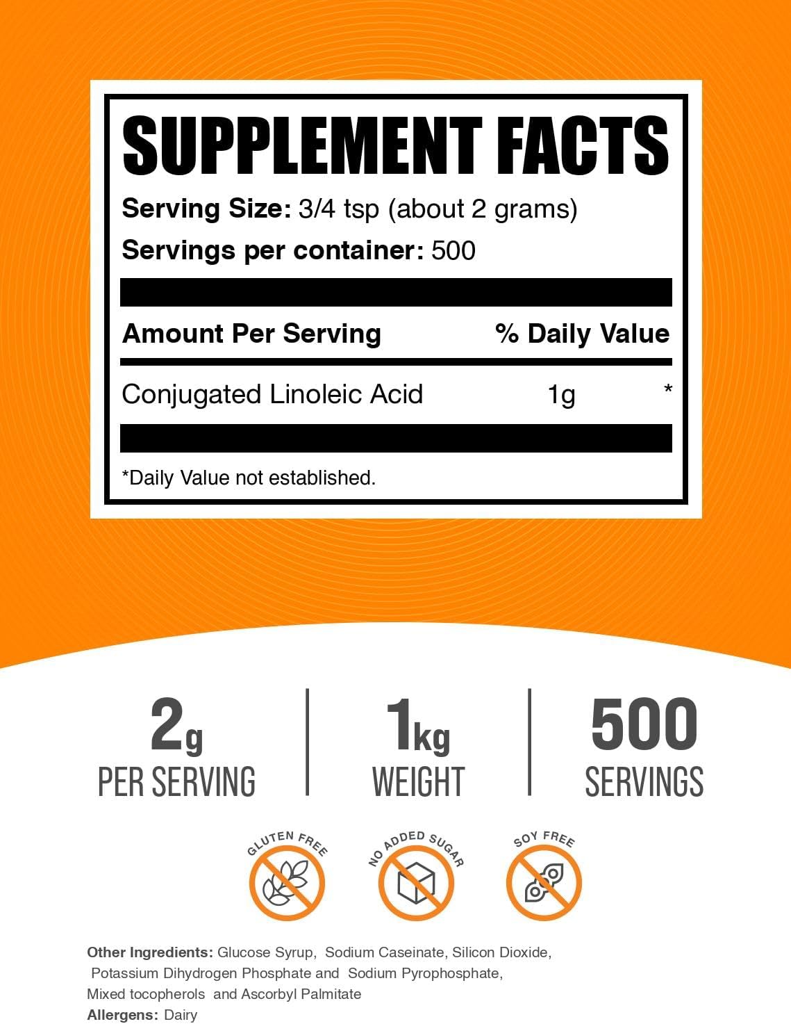 BulkSupplements.com Conjugated Linoleic Acid Powder - CLA Supplement, Nutritional Supplement - Gluten Free, 2g Per Serving, 1kg (2.2 lbs) (Pack of 1)