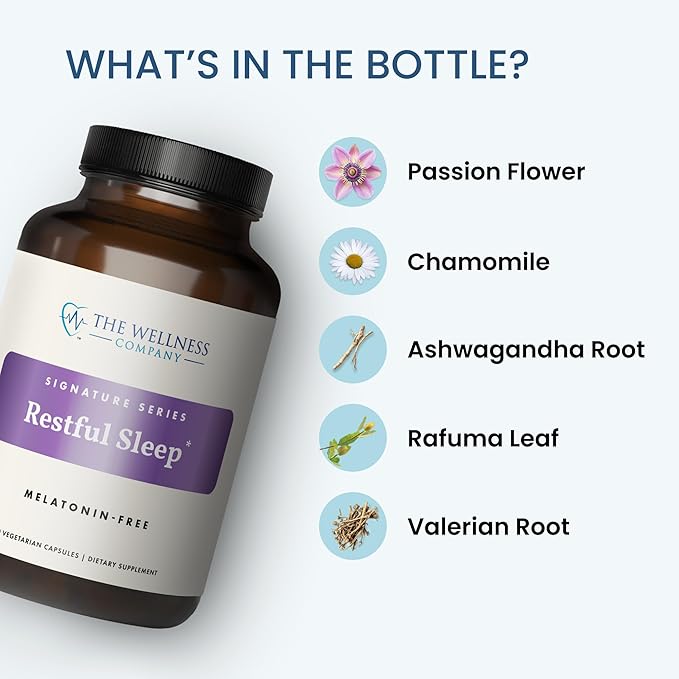 The Wellness Company Restful Sleep - Melatonin-Free, Deep Sleep, REM Support, Non-Habit Forming - Kava, Rafuma Leaf, Ashwagandha & Valerian Root | 60ct (1 Month Supply)