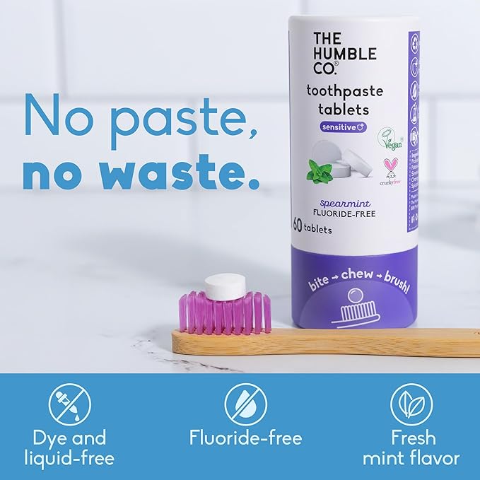 The Humble Co Sensitive Chewable Toothpaste Tablets, Spearmint - Fluoride-Free Toothpaste Tabs for Sensitive Gums & Teeth - Bite, Chew, Brush - Travel-Friendly Dental Oral Care & Hygiene - 180 Count